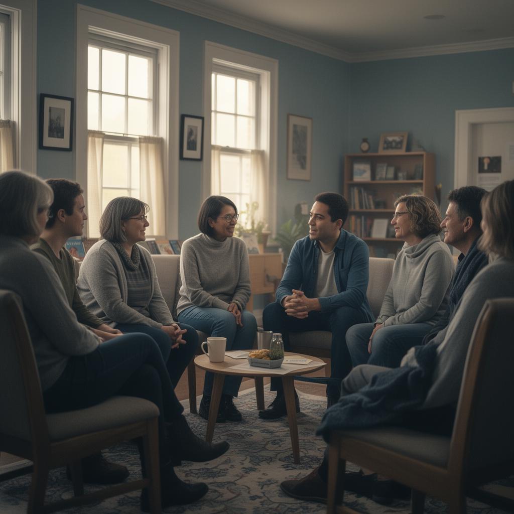 A small group of people sitting together in a warm community room.