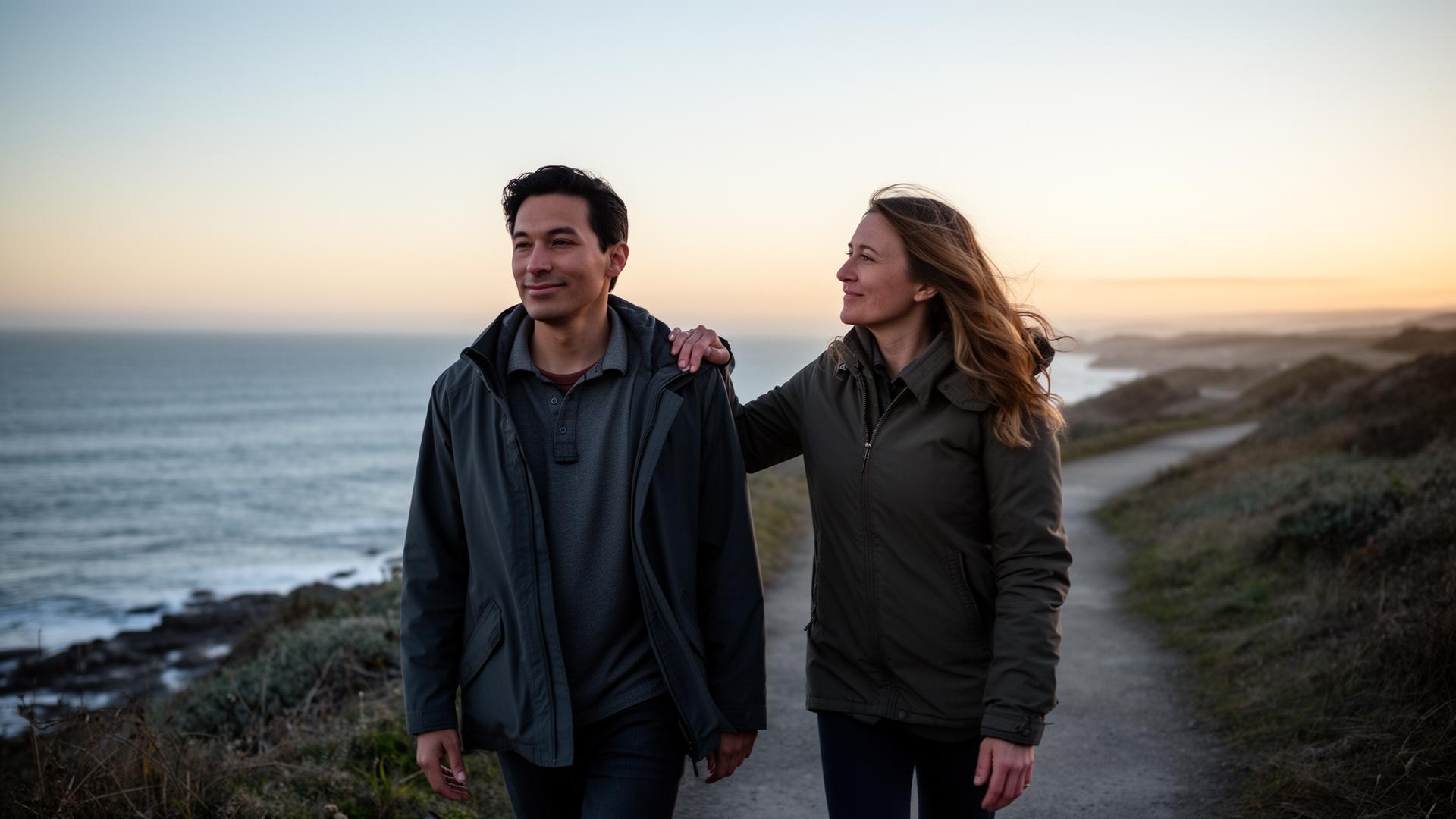 Two people walking together on a coastal path at golden hour.