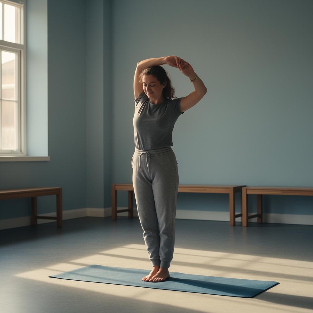 A person stretching gently in a sunlit community space.